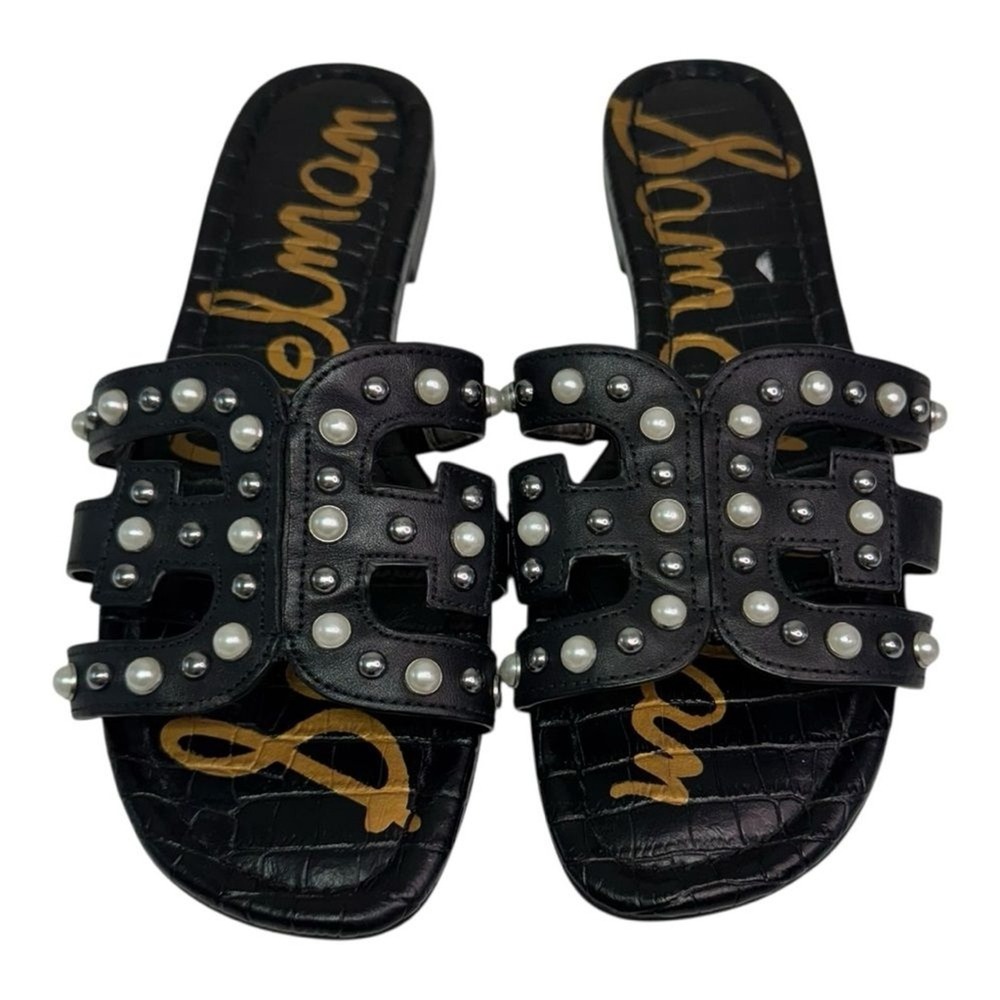 Sam‎ Edelman Women Black Leather Studded Pearl Embellished Slide Sandals SZ 6.5